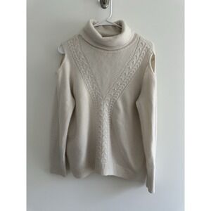 Magaschoni 100% Cashmere Cut Out Shoulder Turtleneck Sweater Cream XL